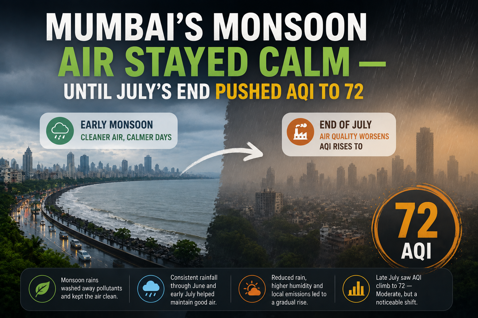 Mumbai's Monsoon Air Stayed Calm — Until July's End Pushed AQI to 72