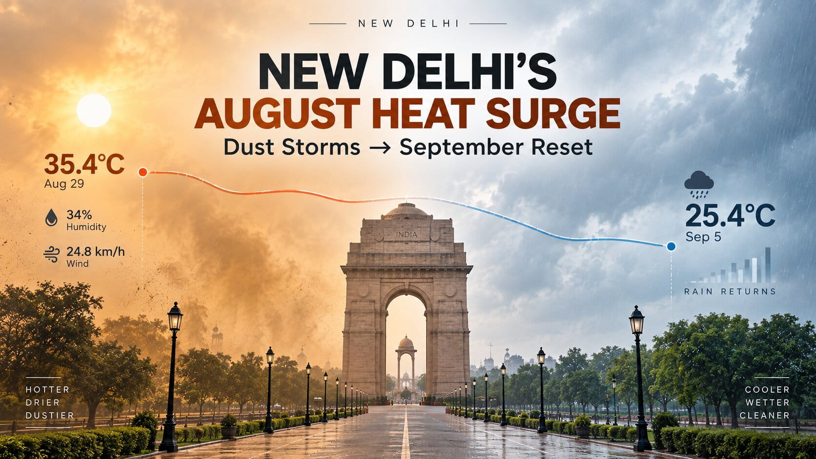 New Delhi's August Heat Surge, Dust Storms, and September Reset